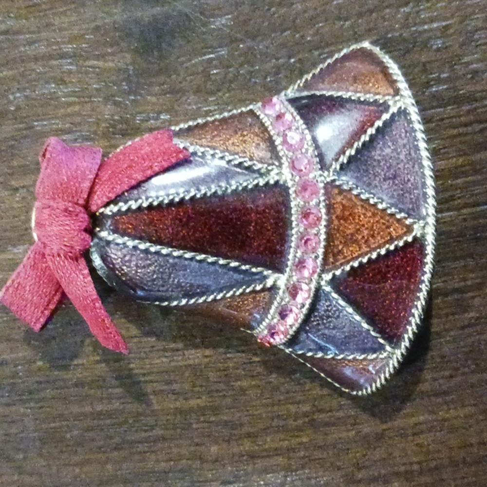 Vintage Christmas Brooch/Pin, Bell Shape, Maroon Pink Goldtone est 1.75"x1.75"